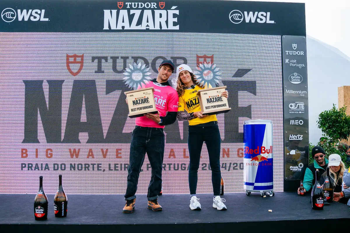 Clement Roseyro and Justine Dupont with their 2025 Tudor Nazare trophies