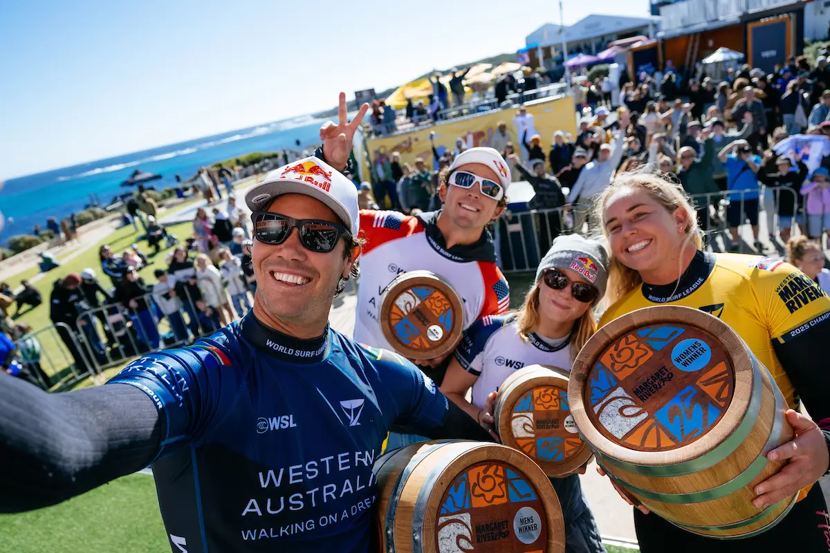Gabriela Bryan and Jordy Smith celebrating the 2025 Margaret River Pro win