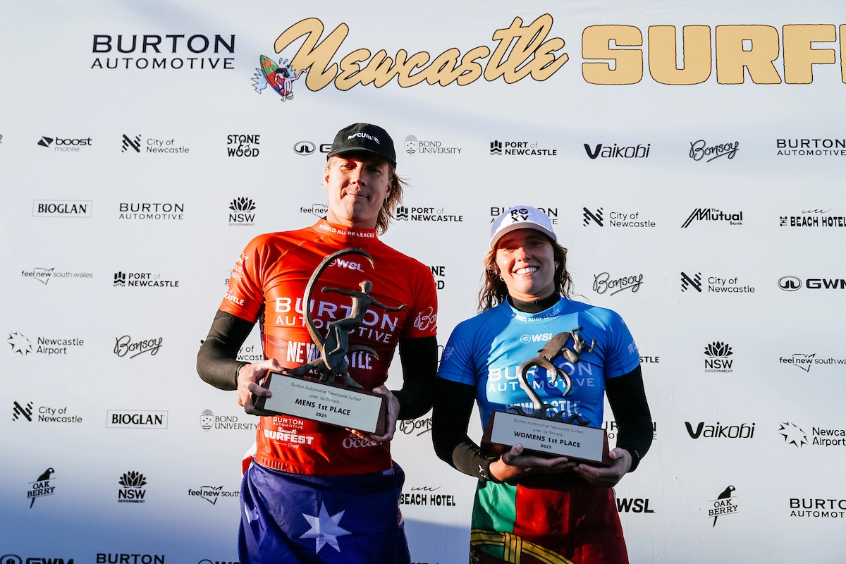 Francisca Veselko and Jacob Willcox, winners of the Newcastle Surfest 2025